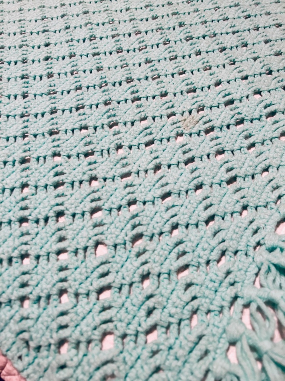 Handmade Teal Crochet Throw Blanket Afghan with Fringe - Picture 3 of 5